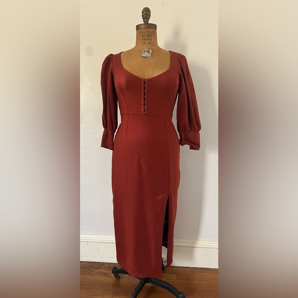 Betsey Johnson Rust Midi Dress with Button Front and Puff Sleeves
